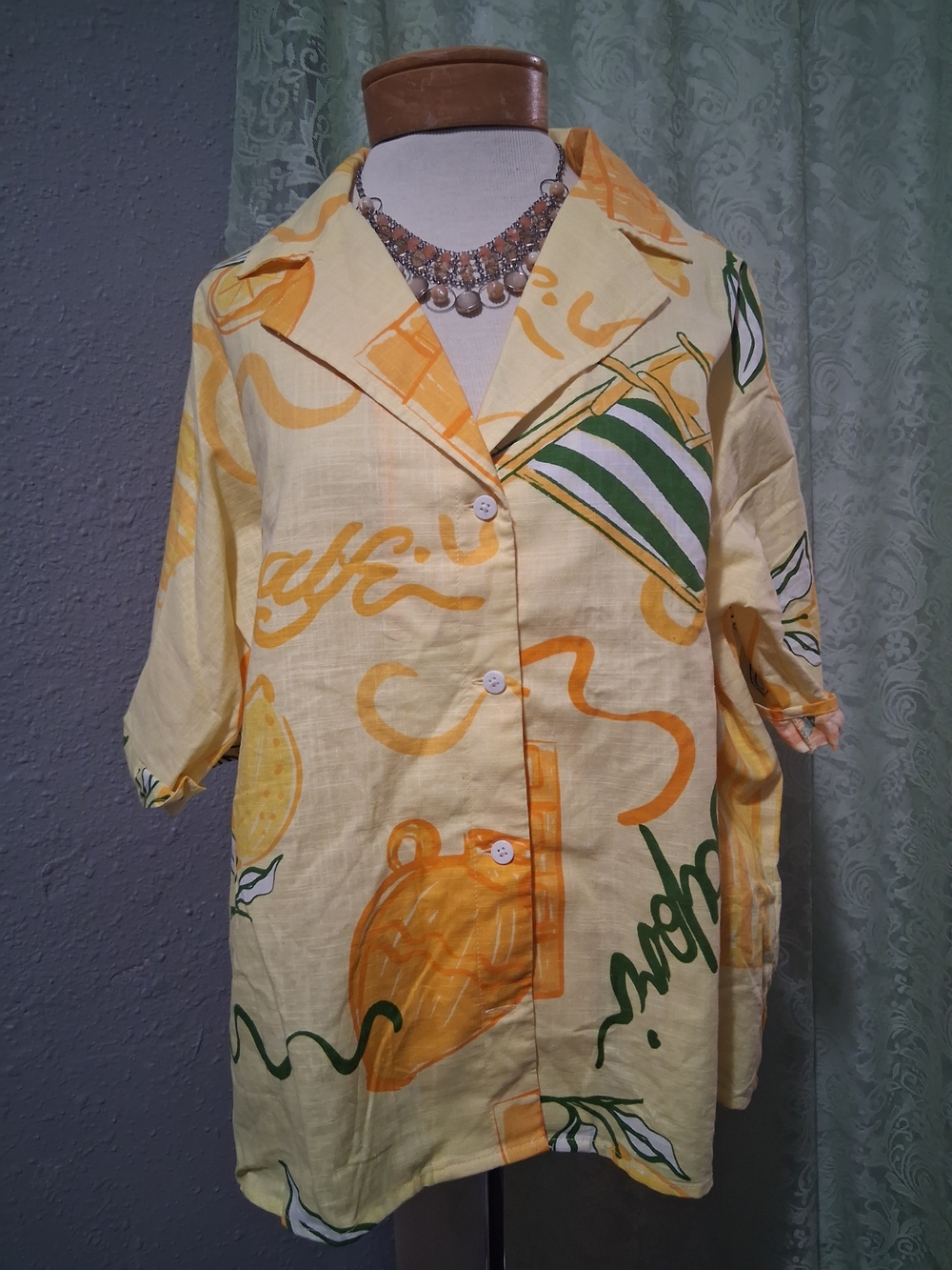 SABO- Light Yellow Printed Button-Front Blouse